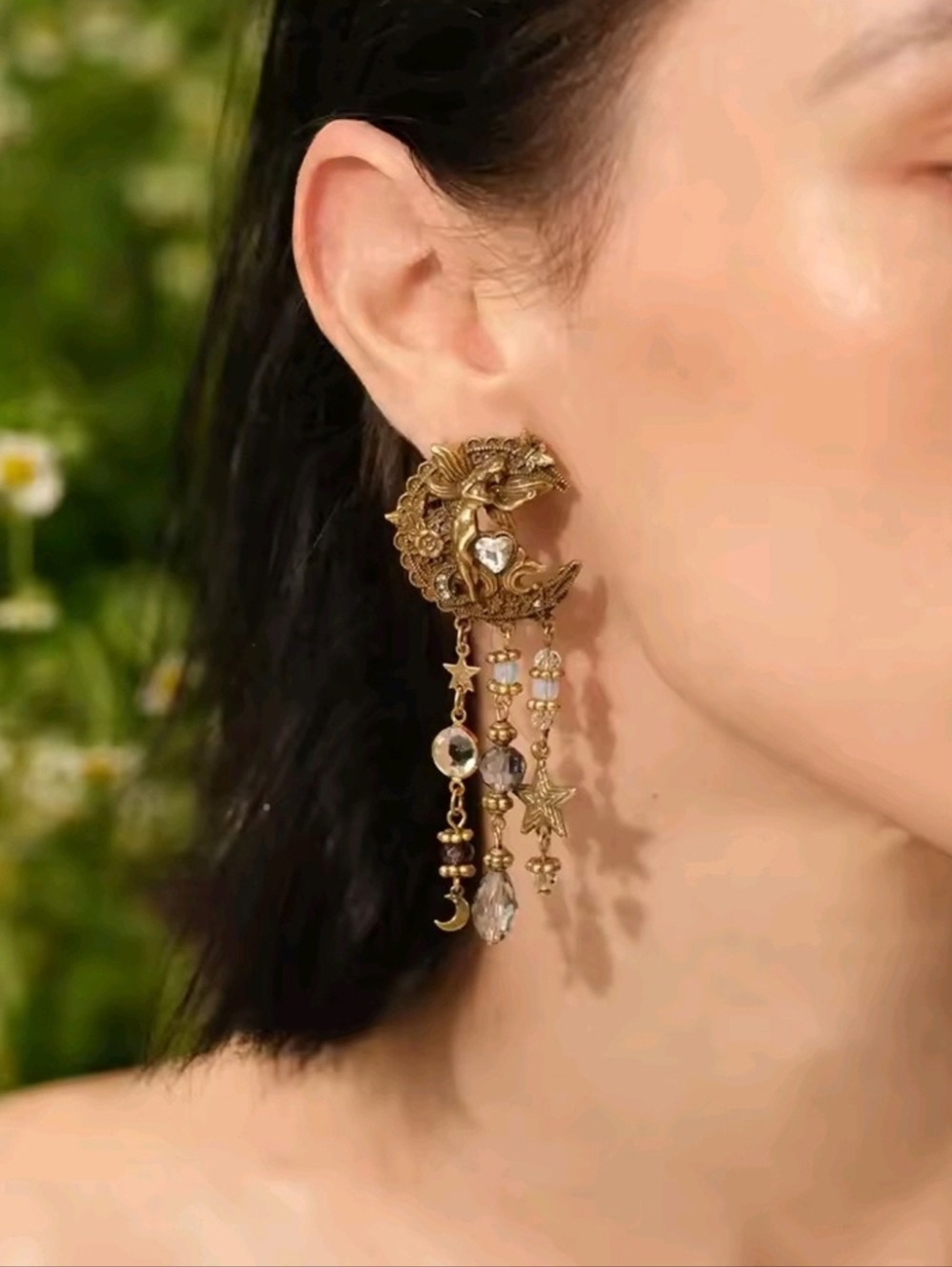 Gold Dragon Moon Dangle Earrings with Crystal Drops
